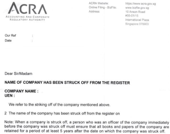 Thông báo từ ACRA về việc công ty bị xóa khỏi đăng ký